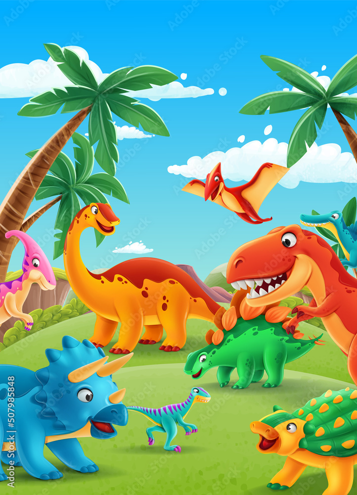Illustration With Dinosaurs Scenery With Cartoon Jurassic Jungle Stock Illustration With Dinosaurs Scenery With Cartoon Jurassic Jungle Stock