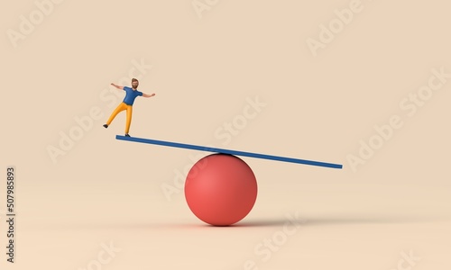 A male character balancing on unstable shapes. 3D Rendering