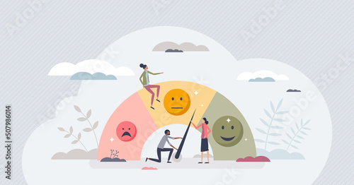 Sentiment analysis as AI technology for opinion mining tiny person concept. Artificial intelligence tool with machine emotions and feeling recognition for automatic evaluation vector illustration.