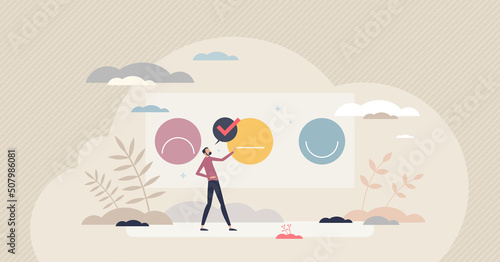 Sentiment analysis and identify emotions with AI machine tool tiny person concept. Customer reaction recognition from voice processing and biometrics for automated marketing report vector illustration