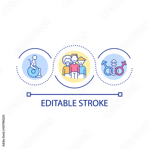 Equality and inclusion loop concept icon. Intersectionality abstract idea thin line illustration. Differences in gender and race. Isolated outline drawing. Editable stroke. Arial font used