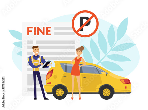 Man Road Police Officer Writing Out Fine to Woman Violating Traffic Rules Vector Illustration