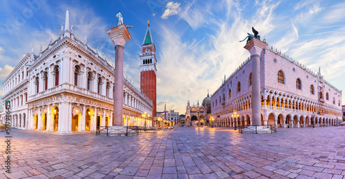 Doge's Palace, Library of Saint Mark and the Columns of Saint Mark and Saint Theodore, panorama of Venice, Italy