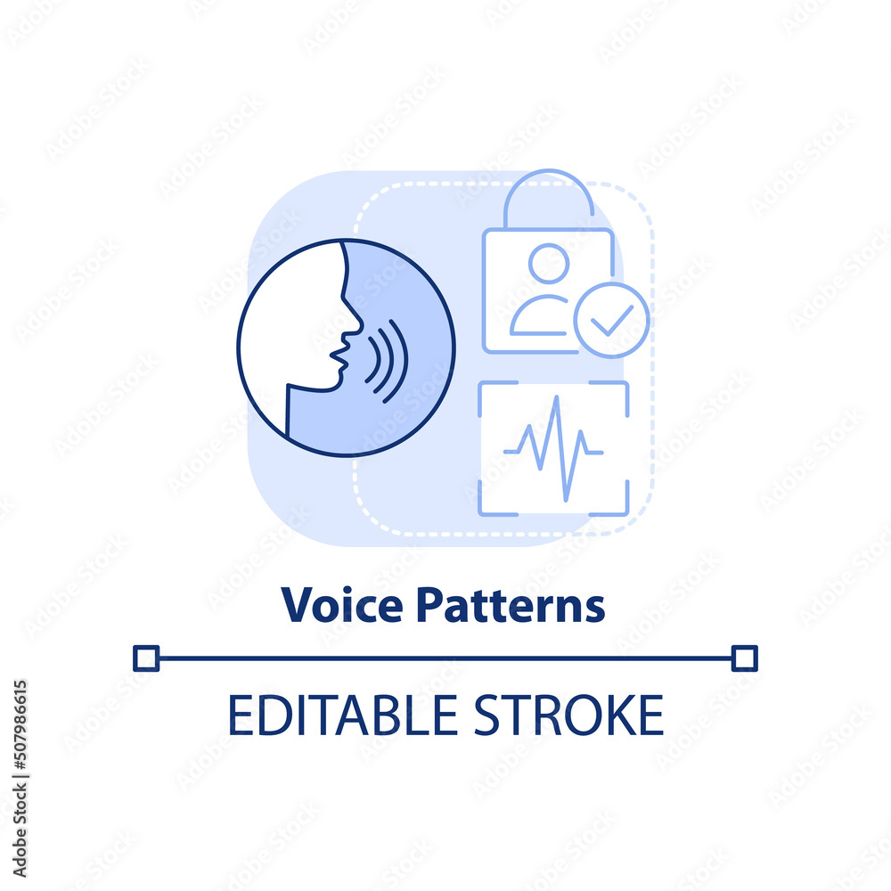 Voice patterns light blue concept icon. Biometric identification abstract idea thin line illustration. Speech recognition. Isolated outline drawing. Editable stroke. Arial, Myriad Pro-Bold fonts used Voice patterns light blue concept icon. Biometric identification abstract idea thin line illustration. Speech recognition. Isolated outline drawing. Editable stroke. Arial, Myriad Pro-Bold fonts used