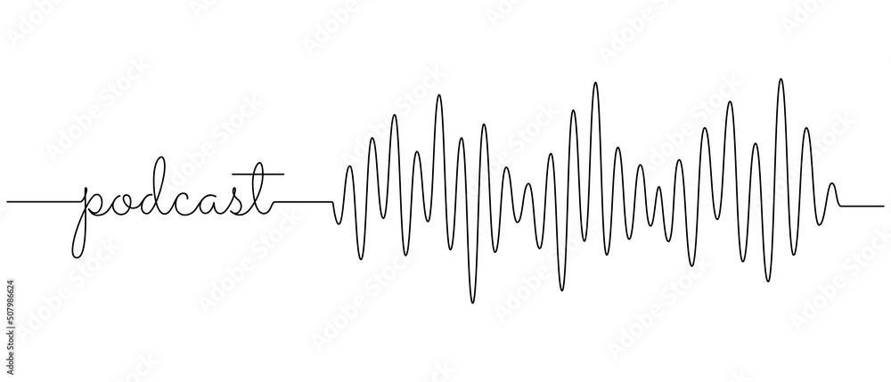 Continuous one line drawing of text podcast and sound wave with different amplitude. Soundwave in simple linear style for banner music, webinar, online training. Doodle vector illustration
