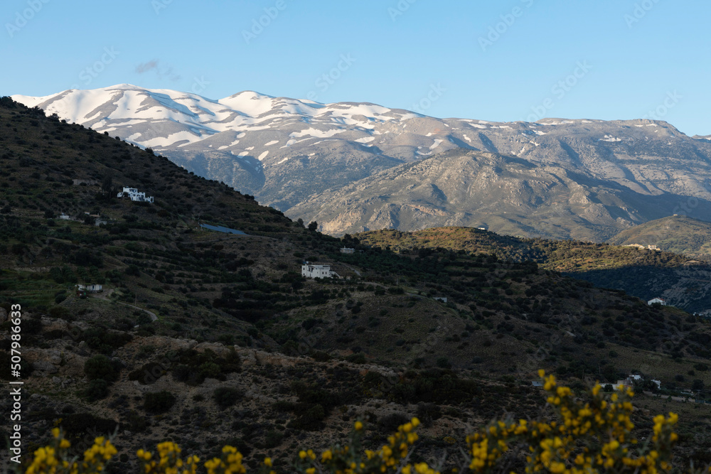 Schneebedeckte Berge  und Olivenbäume am Abend bei Agia Galini auf Kreta - Griechenland