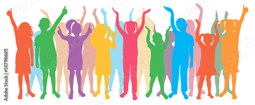 Greeting happy children in full growth, colored silhouettes. Group of preschool or school kids. Vector illustration