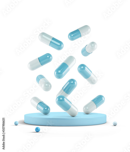 Medicine capsules falling on a pedestal isolated from the background