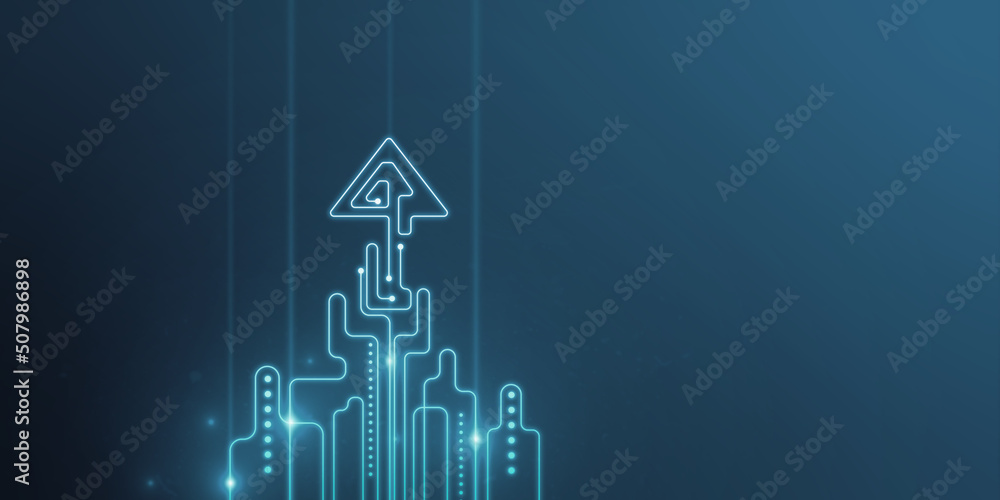 Creative abstract glowing digital startup arrow on blue background with light and mock up place. Start up, business, innovation and direction concept. 3D Rendering.