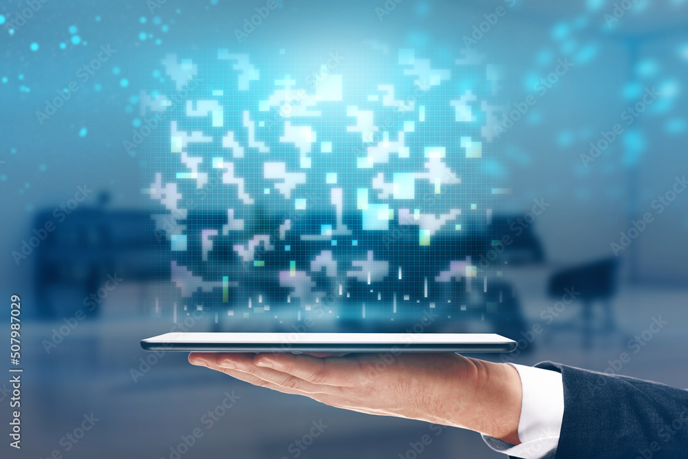 Close up of hand using cellular phone with digital metaverse pixel hologram on blurry background. Cyberspace concept. Double exposure. Close up of hand using cellular phone with digital metaverse pixel hologram on blurry background. Cyberspace concept. Double exposure.