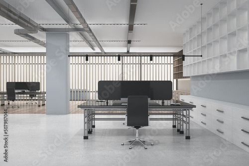 Contemporary wooden and concrete office interior with desk partition and equipment  window with city view and daylight. Law and legal concept. 3D Rendering.