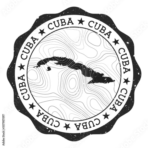 Cuba outdoor stamp. Round sticker with map of country with topographic isolines. Vector illustration. Can be used as insignia, logotype, label, sticker or badge of Cuba.