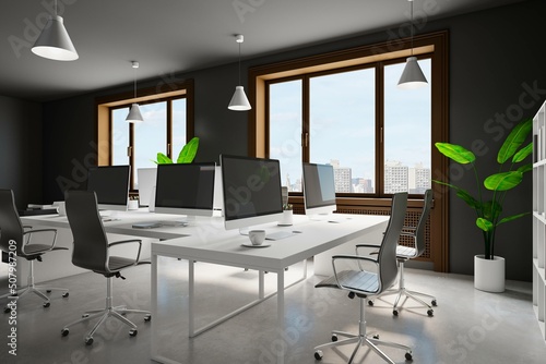 Clean concrete coworking office interior with city view, decorative pot tree, equipment, computer monitors and furniture. 3D Rendering.