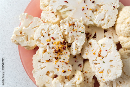 Baked Cauliflower steak . Healthy vegetarian food. Close up