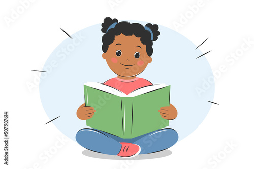 Afro American girl kid reading book. Knowledge and education concept. Vector illustration