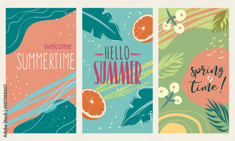 Happy spring and summer stories background set, colorful and vectored. Flat and lined style with nature, geometric and abstract hand drawn elements. Suitable for social media, post cards or ads.