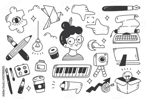 Set of creativity doodle isolated on white background