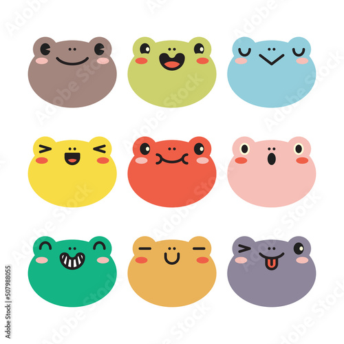 Set of various avatars of frog facial expressions. Adorable cute baby animal head vector illustration. Simple flat design of happy smiling animal cartoon face emoticon. Colorful on a white background.
