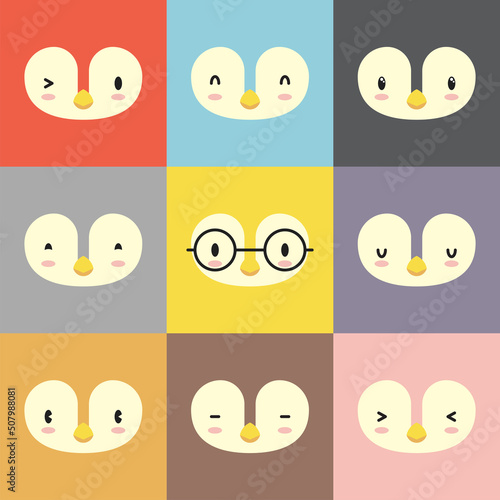 Set of various penguin facial expression avatars. Adorable cute baby animal head vector illustration. Simple flat design of happy smiling animal cartoon face emoticon. Colorful square background.