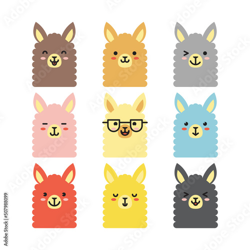 Set of various llama facial expression avatars. Adorable cute baby animal head vector illustration. Simple flat design of happy smiling animal cartoon face emoticon. Isolated, white background.