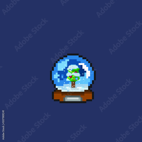 snowed spruce tree in the glass ball with pixel art style