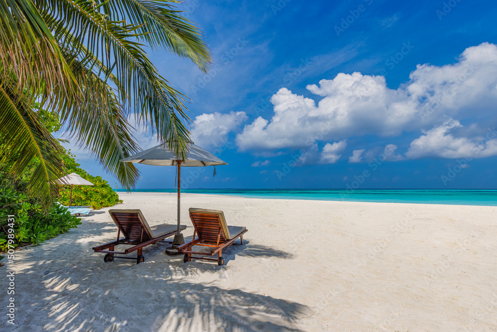 Tropical beach nature as summer landscape with lounge chairs and palm trees and calm sea for beach banner. Luxury travel landscape, beautiful destination for vacation or holiday. Couple beach scenic