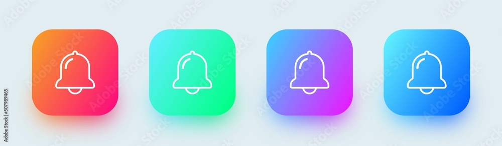 Notification or bell icon set in square gradient colors. Alarm clock and smartphone application alert. Notification or bell icon set in square gradient colors. Alarm clock and smartphone application alert.