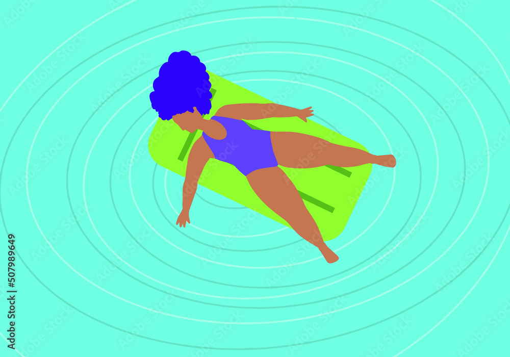 Vector. Ilustración mujeres diversas disfrutando del verano. Mujer con pelo y bañador morado sobre colchoneta verde flotando en el agua del mar o en la piscina. Vector. Ilustración mujeres diversas disfrutando del verano. Mujer con pelo y bañador morado sobre colchoneta verde flotando en el agua del mar o en la piscina.