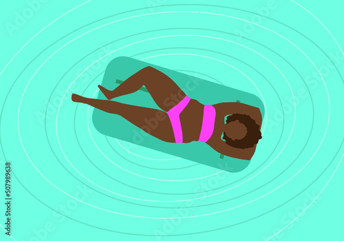 Vector. Ilustración mujeres diversas disfrutando del verano. Mujer con bikini rosa sobre colchoneta azul flotando en el agua del mar o en la piscina.