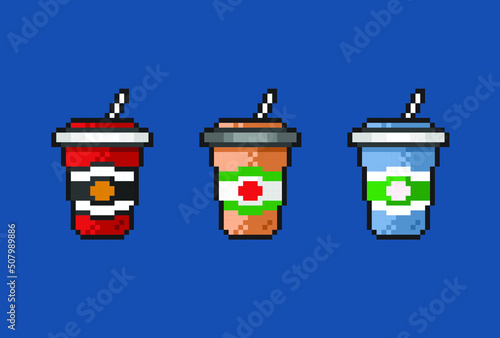 drink cup set with straw in pixel art style