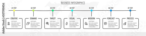 Vector line infographics with 7 rectangles. Business concept graphic process template with seven steps and labels. Graphic timeline for step by step, app, website, diagram, banner, presentations