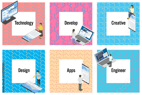 幾何学モチーフの 未来的な 正方形フレーム とシステム関連ビジネスパーソン ベクターイラスト 