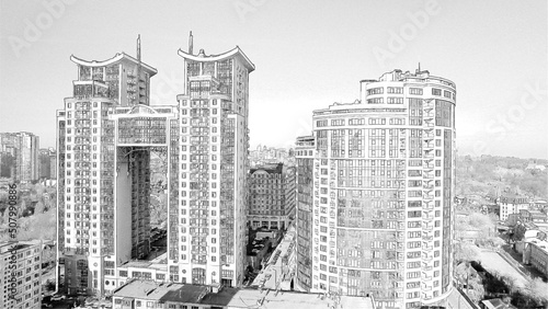 The architecture of the city of Kyiv is made with a pencil drawing. Business center  building. Ukraine  business concept.