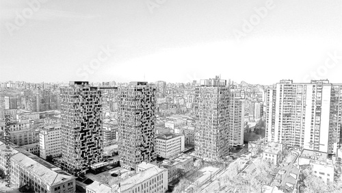 The architecture of the city of Kyiv is made with a pencil drawing. Business center  building. Ukraine  business concept.