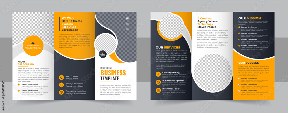 Corporate business trifold brochure template, Creative and Professional tri fold brochure vector design, modern trifold business brochure template. - obrazy, fototapety, plakaty 