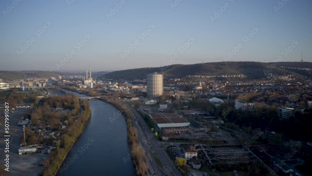 Time lapse drone POV The Neckar River and sunny city, Stuttgart, Germany
Time lapse drone POV The Neckar River and sunny city, Stuttgart, Germany