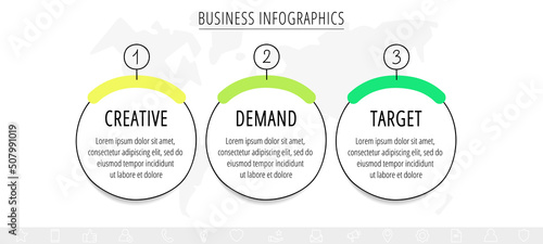 Business vector infographics with three circles. Hand drawn timeline visualization with 3 steps for diagram, flowchart, banner, presentations, web, content, levels, chart, graphic