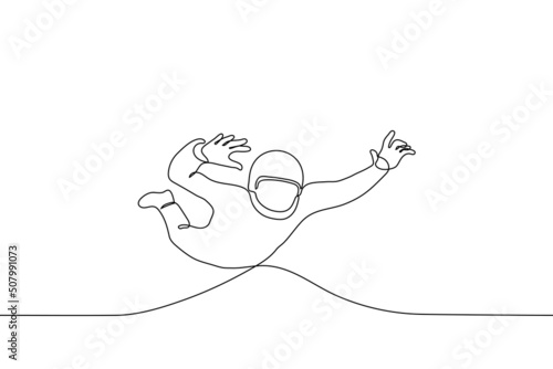 man in a helmet stretched out his arms and legs flies in a wind tunnel - one line drawing vector. concept aero training, wind tunnel flight