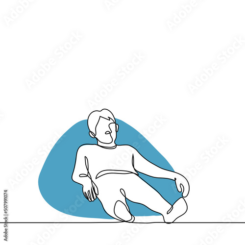 man stretched out in a sack chair - one line drawing vector. the concept of mental or physical fatigue, resting in a soft chair