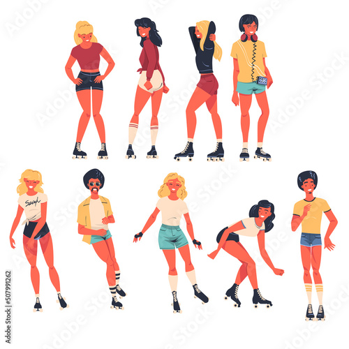 Retro Dressed People Roller Skater Roller Skating and Smiling Vector Set