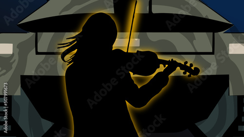 Silhouette of a person with a violin in front of a tank with a camouflage pattern under a dark blue sky, vector illustration