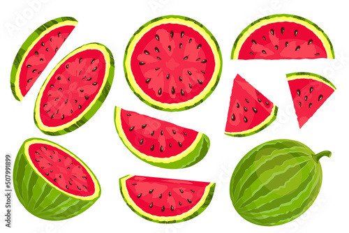 Fototapeta Naklejka Na Ścianę i Meble -  A set of ripe watermelons. A whole watermelon, slices. Fresh watermelon for summer design.