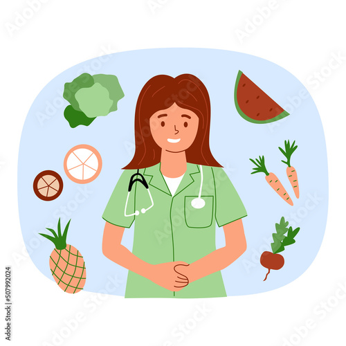 Nutritionist doctor with stethoscope fruits, vegetables and greens. Dietary eating concept, meal planning, nutrition consultation, healthy food. Vector illustration for web coaching, books articles