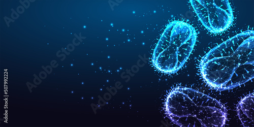 Futuristic monkey pox virus concept banner with glowing low polygonal virus cell and place for text 