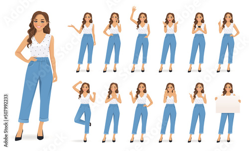 Young woman with curly hairstyle in casual style clothes set different gestures isolated vector illustration