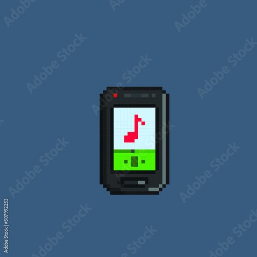 black phone with music player screen in pixel art style