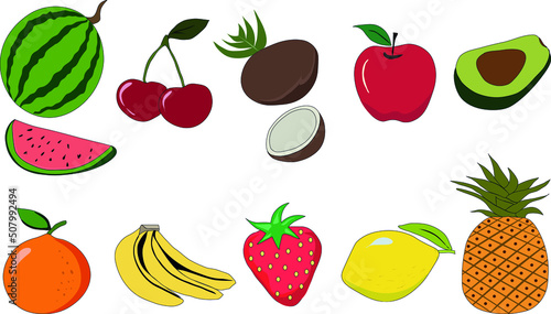 Drawing of strawberry  banana  coconut  pineapple  apple  watermelon  avocado  orange  cherry  lemon. Set of fruits