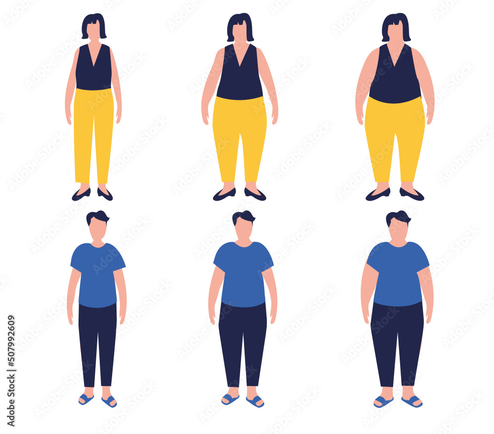 Flat cartoon illustration of overweight woman and man and slim fit male ...