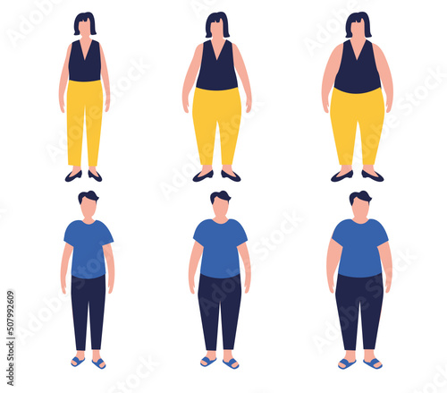 Flat cartoon illustration of overweight woman and man and slim fit male and female characters of large sizes. Body mass index concept. Adults with overweight problems. Separate on a white background.