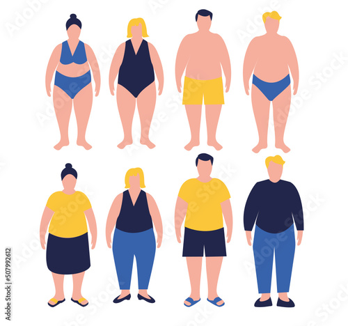 Set of flat cartoon illustrations of overweight women and men. Male and female characters of large size. Body positive .Body mass index concept. Adults with overweight problems. Isolated